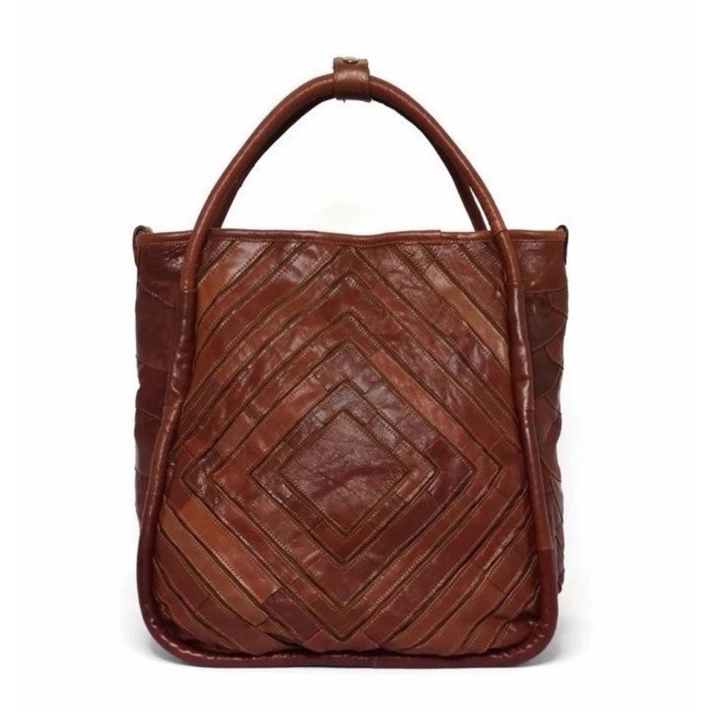 Monserat de Lucca Benecio Brown Leather Strip Design Tote Bag w Detachable Strap